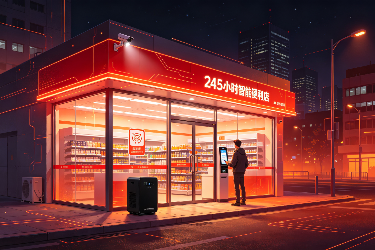 微店24 AI 云值守 24 小时智能便利店插画