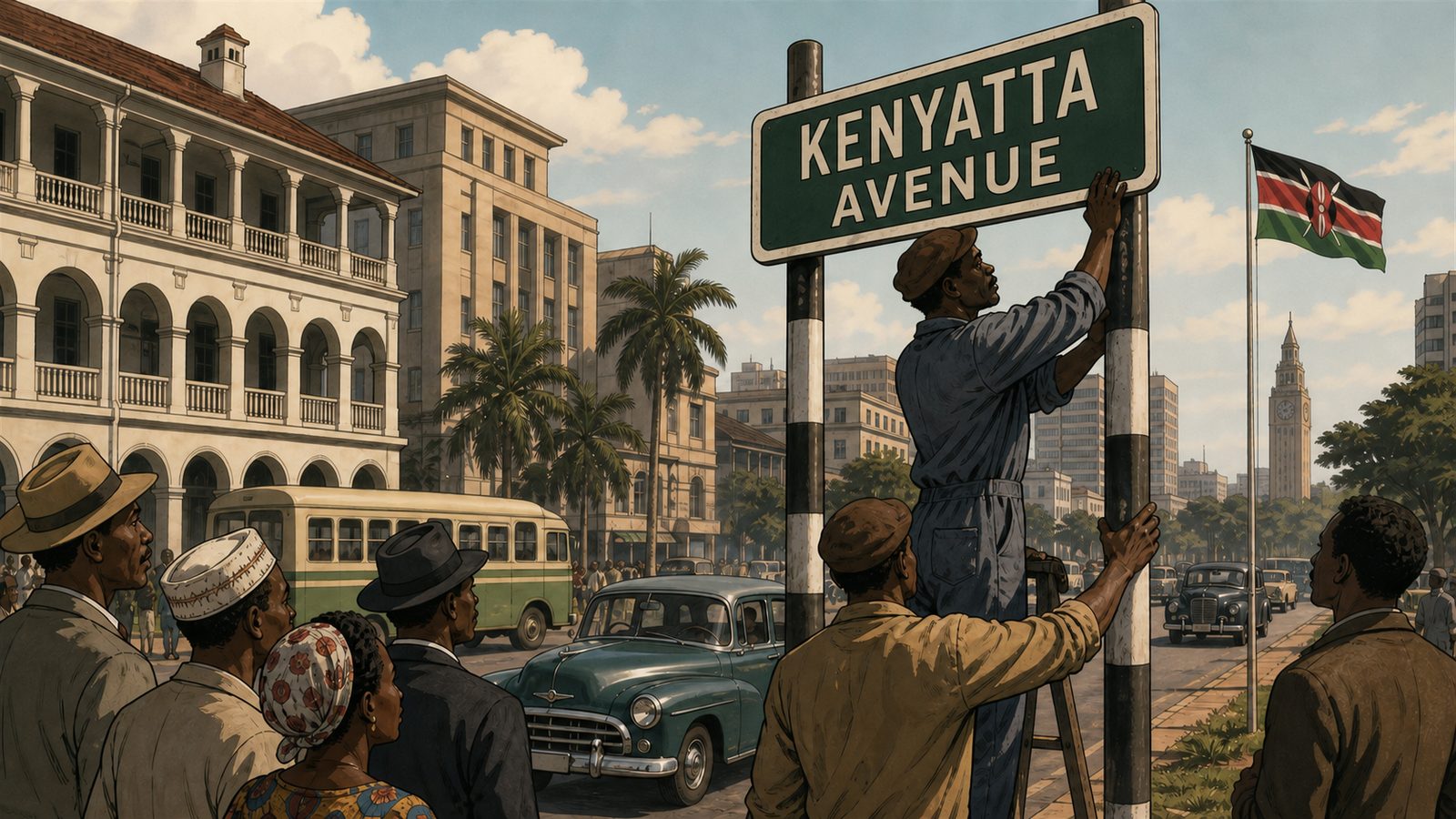 内罗毕工人安装 Kenyatta Avenue 新路牌